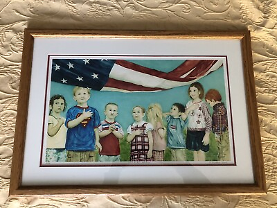 #ad Patriotic Children Saluting Flag USA Pledge Allegiance Print Signed Renee Rigsby $25.00