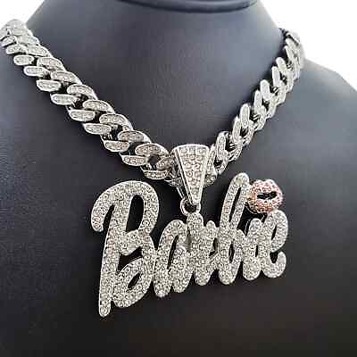 #ad Women Gold Plated Large Barbie Charm amp; Iced Cubic Zirconia Cuban Chain Necklace $36.99
