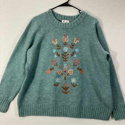 #ad Denimamp;Co Green Floral Embroidered Soft Cozy Sweater size 1X $20.00
