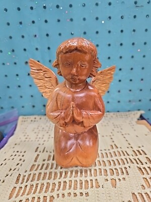 #ad Vintage Wood Hand Carved Child Angel Kneeling Praying Figurine Removable Wings $19.55
