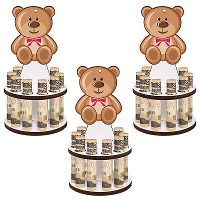 #ad 3 Pcs Wooden Bear Party Money Holder for Cash Gift Double Layer Writable Wishes $14.94