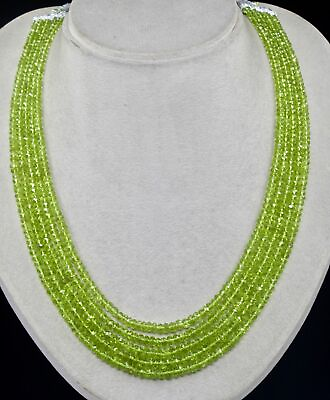 #ad Estate Royal Natural Peridot Gemstone Faceted Roundel Bead 5 Strand Necklace 18#x27; $170.99