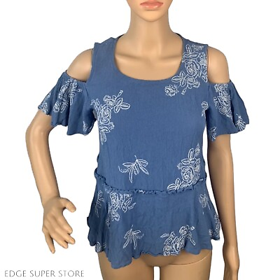 Ro amp; De Light Blue Floral Cold Off Shoulder Ruffle Sleeve Top Blouse Size XSmall $25.39