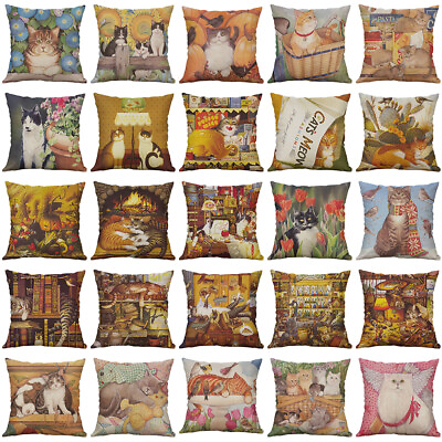 #ad 18quot; Vintage Cat Linen Cotton Pillowcase Throw Cushion Cover Home Decor $3.87