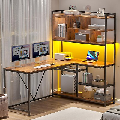 #ad L Shape Computer Desk 58#x27;#x27; Office Desk with LED Lightamp;Bookshelf for Home Office $169.97