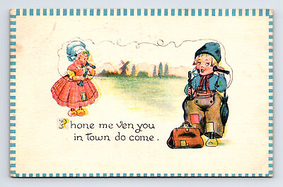 #ad c1913 Dutch Children Phone Me Ven You In Town Do Come Postcard $3.69