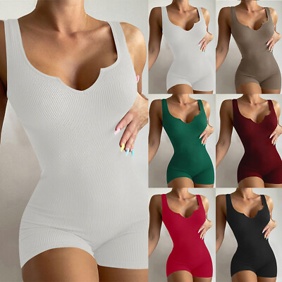 #ad Womens Plain Ribbed Bodycon Unitard Romper Shorts Stretchy Fit Jumpsuit Leotard $12.49