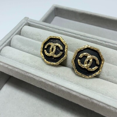 #ad Authentic Chanel earrings vintage lava Coco mark rare gold octagonal Japan 41711 $375.00
