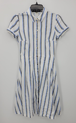 #ad Karl Lagerfeld Shirt Dress Womens 0 White Stripe Short Sleeve Fit amp; Flare $24.12