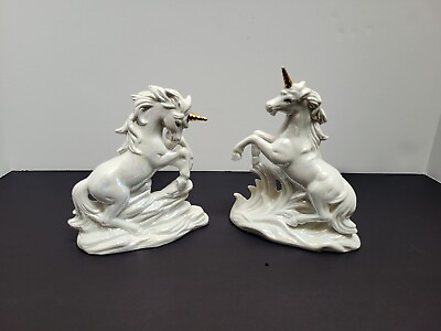 #ad Porcelain White Unicorn Figurine Gold Horn Set of Two $19.99