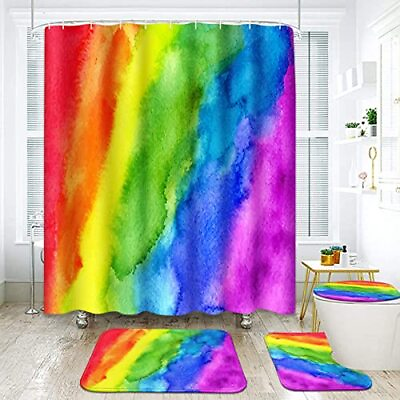 #ad Rainbow Abstract Bathroom Set with Shower Curtain and Rugs Accessories Rainbo... $37.17