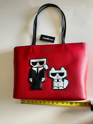 #ad NWT $198 Karl Lagerfeld WOMEN#x27;S BAG TOTE LOGO KARL AND CAT LARGE RED $69.99