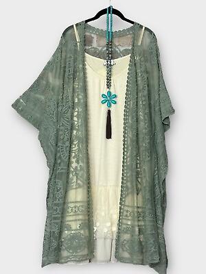 #ad Plus Size Boho Hippie Floral Ethnic Embroidered Kimono Sage Cardigan Duster $45.99