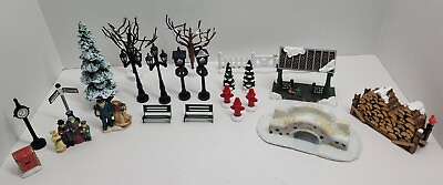 #ad Christmas Village Trees Bridge Light Pole Bench Figurine Mix Lot Miniatures Xmas $21.24