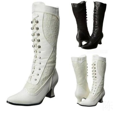 #ad Ladies Steampunk Cowboy Boots Pointed Toe Mid Heels Lace Wedding Mid Calf Boots $43.99