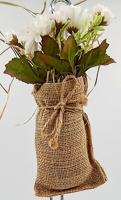 #ad Handmade Burlap Bag with White Daisy Flowers Wire Hanger Jute Bow 8quot;L USA $8.99