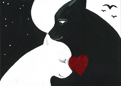 #ad ACEO print of painting Ryta Valentines Day Black White Cat Love modern art moon $7.49