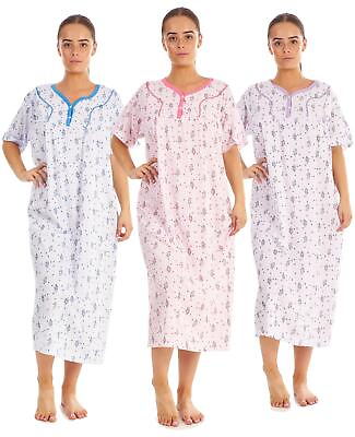 #ad Women Cotton Long Nightdress Floral Button Short Sleeve V Neck Soft Nightwear GBP 10.95