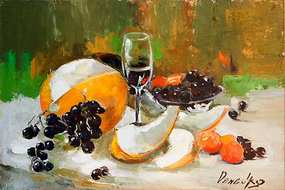 #ad Demenko Natalia Melon Fruits and Wine Still Life Stylish Modern Art Oil painting $138.47