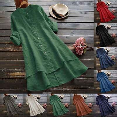 #ad Plus Size Women Cotton Linen Baggy Shirt Dress Ladies Tunic Dress Midi Dress US $19.69