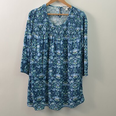 #ad Croft amp; Barrow Tunic Blouse Womens 1X Rayon Blue Floral Smocked 3 4 Sleeve $11.49