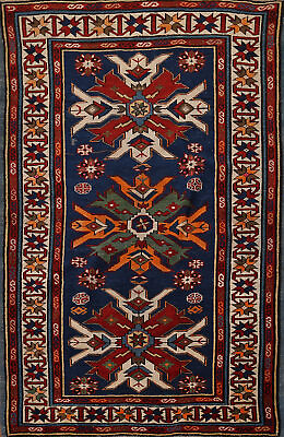 #ad Vintage Blue Geometric Kazak Vegetable Dye Rug 3x5 Handmade Wool $2592.00