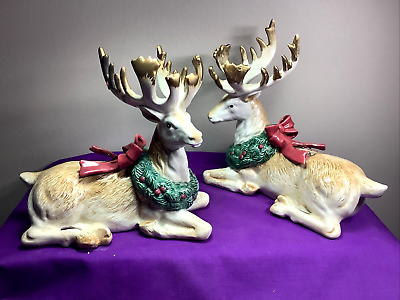 #ad 1991 Set 2 Fitz amp; Floyd Holiday Reindeer Candle Holders Porcelain Wreath $139.00