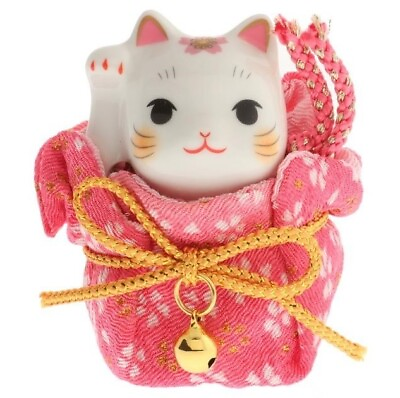 #ad Japanese Porcelain Maneki Neko Lucky Cat with Pink Sakura Kimono Pouch Figurine $22.95