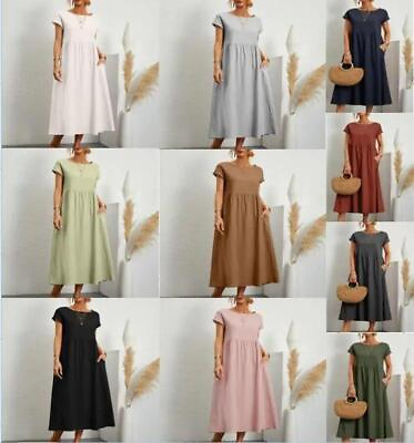 #ad Womens O Neck Cotton Short Sleeve Long Loose Dress Ladies Summer Casual Sundress $26.80