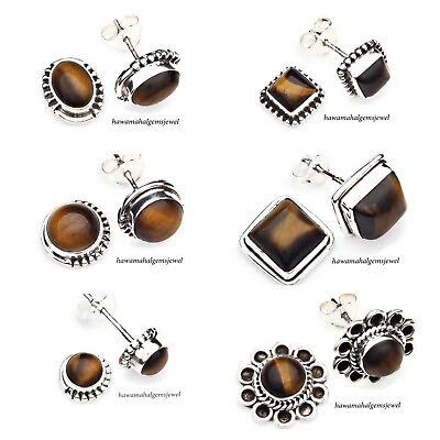#ad Solid 925 Sterling Handmade Silver Stud Earring With Natural Tiger Eye Gemstone $12.05