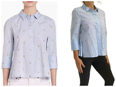 #ad EQUIPMENT Femme Light Blue 3 4 Sleeve Pineapple Embroidered Esme Blouse Shirt S $39.99