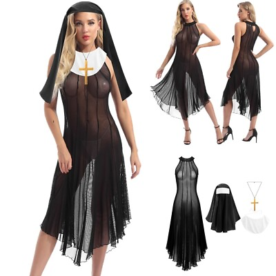 #ad US Women#x27;s Halloween Nun Costume Mesh Sleeveless Dresses with Headscarf Outfits $5.97