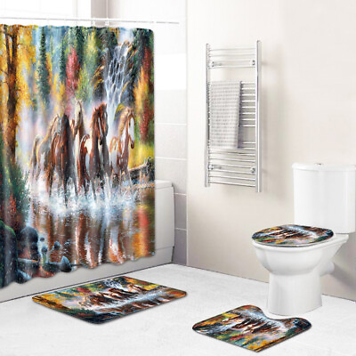 #ad Million Horses Shower Curtain Bathroom Rug Set Bath Mat Anti slip Toilet Cover $14.96