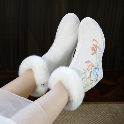 #ad Women Anime Heels Retro Round Head Shoes Winter Hanfu Increased Boots Embroidery $34.19