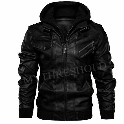 #ad Men#x27;s Biker Genuine Real Leather Jacket Black Bomber Winter Hooded Jacket Coat AU $179.99