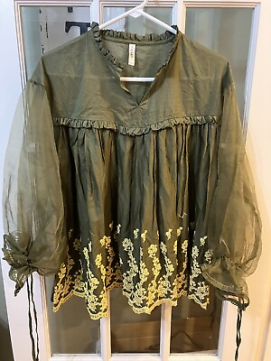 #ad Ethnic Embroidered Floral Top Sz S Olive Green Lined Sheer Sleeves V Neck Boho $13.59