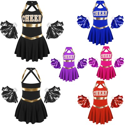 #ad Cheerleader Outfit Girls Cheer Leader Costume Children Dress with Pom Poms Set $16.09
