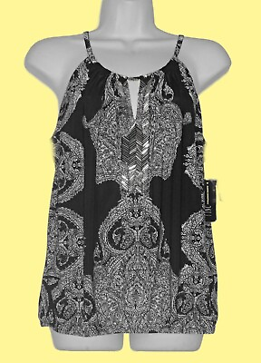 #ad NWT INC Large 10 12 Dressy Silver Beading Black Strappy Top $9.95