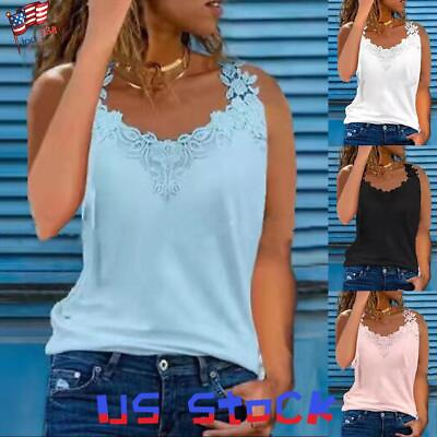 #ad Womens Lace V Neck Sleeveless Tank Vest Tops Ladies Summer Casual T Shirt Tee⭐⭐ $13.79