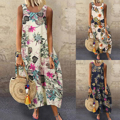 #ad Summer Women Linen Cotton Floral Printed Tank Dress Full Length Midi Sundress $13.65