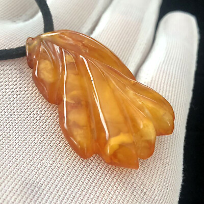 #ad AAA Natural Baltic Cognac Transparent Amber Pendant Carved Leaf... Polished $25.34