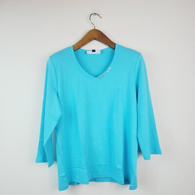 #ad Karen Scott Womens M Aqua Oasis Cotton Embellished V Neck 3 4 Sleeve Top NWTBU29 $8.55