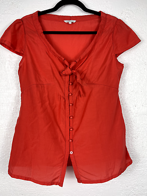 #ad Bossini Ladies Button Down Top Cotton Silk Cap Sleeve Coral Red Size XL $15.81