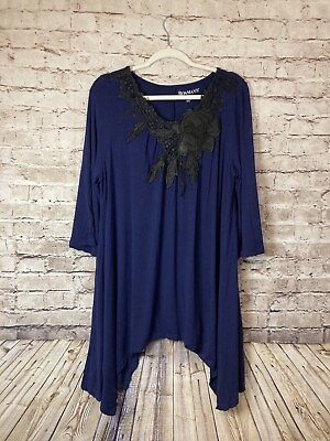 #ad Roman’s Shirt Women’s 14 16 Navy Blue Handkerchief Hem Bell Sleeve Embroidered $18.04