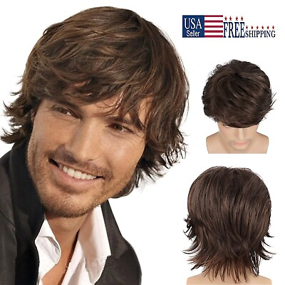 #ad #ad Thin Part Wig Human Hair Mens Wig Brown Short Layered Natural Wave Synthetic USA $11.17
