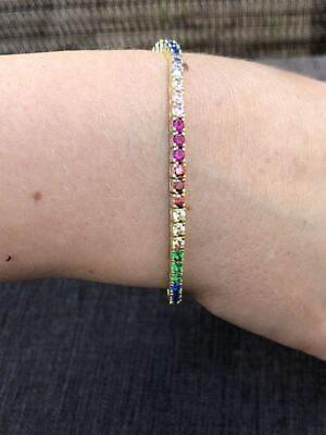 #ad 14k Over Solid 925 Sterling Silver 4mm Multicolor Rainbow CZ Tennis Bracelet 7” $62.08
