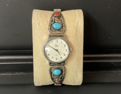 #ad Vntg Native American Sterling Silver Turquoise amp; Coral Women#x27;s Timex Watch $65.00