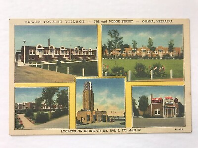 #ad Postcard NE Omaha Nebraska Tower Tourist Village Motor Lodge Multipic Amenities $5.89