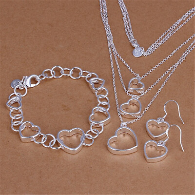 #ad 925 silver women Charm heart Pretty wedding bracelet necklace earring jewelry $4.70