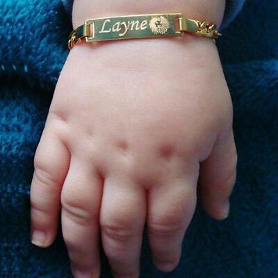 #ad Baby Bracelet Name Personalize Figaro Chain Smooth Bangle Link Gold Tone No Fade $10.96